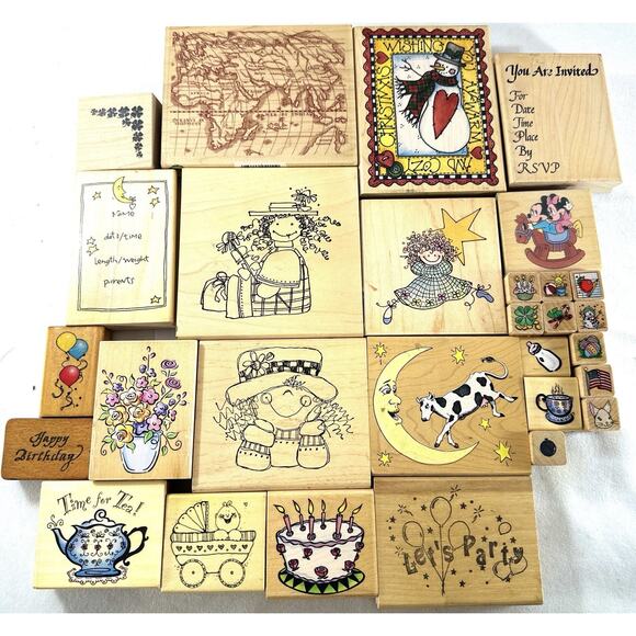 Assorted Other - Vintage Wood & Rubber Craft Stamp Lot Of 29 Scrapbooking 1980s To Early 2000s